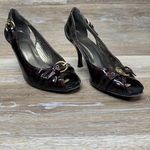 Stuart Weitzman Tortoise Shell Patent Leather Peep Toe Heels Women's Size 7 - Picture 6 of 6